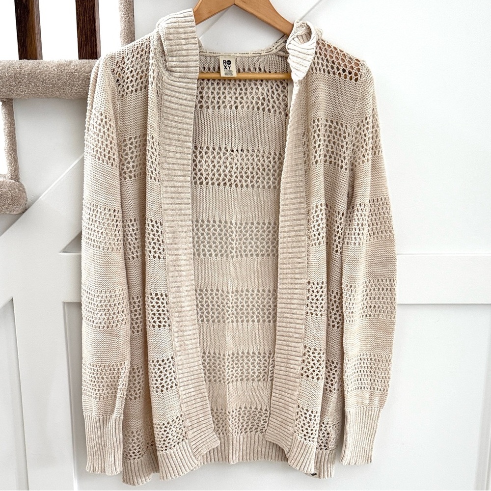 Roxy Hooded Crocheted Knit Cardigan Size XL